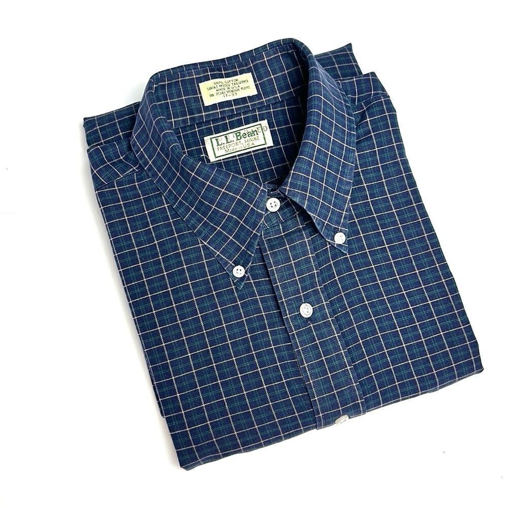 L.L. Bean Main Vintage Shirt Button Down Cotton Deep Blue Plaid 17 - 33